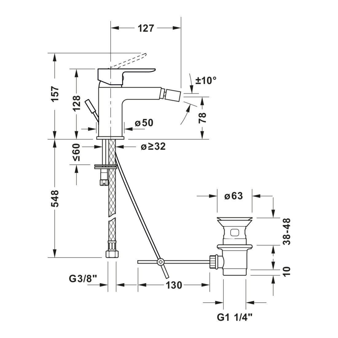 Duravit Bidet-Einhebelmischer D-Code Ausl. 118mm, Keramikmischsystem, chrom