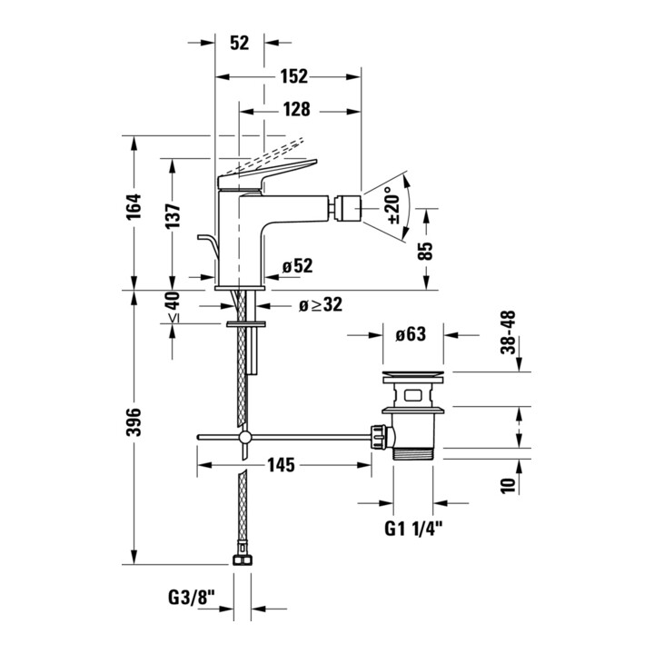 Duravit Bidet-Einhebelmischer Wave A 128mm, m Zugstg. Abl.garn, bron geb.