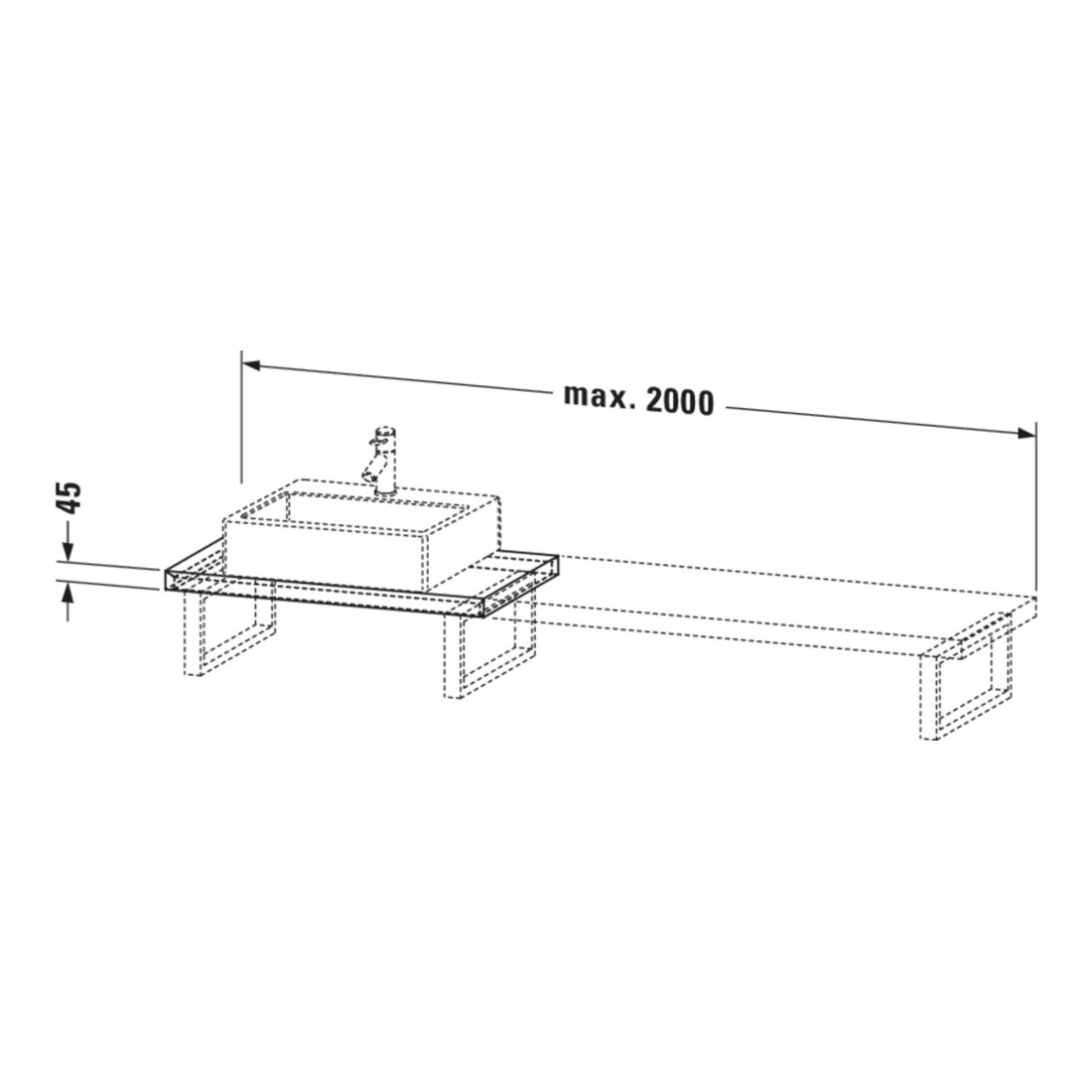 Duravit Console Compact L-Cube 80-200x48cm, 1 AS, ép. 4,5cm, bas. ma