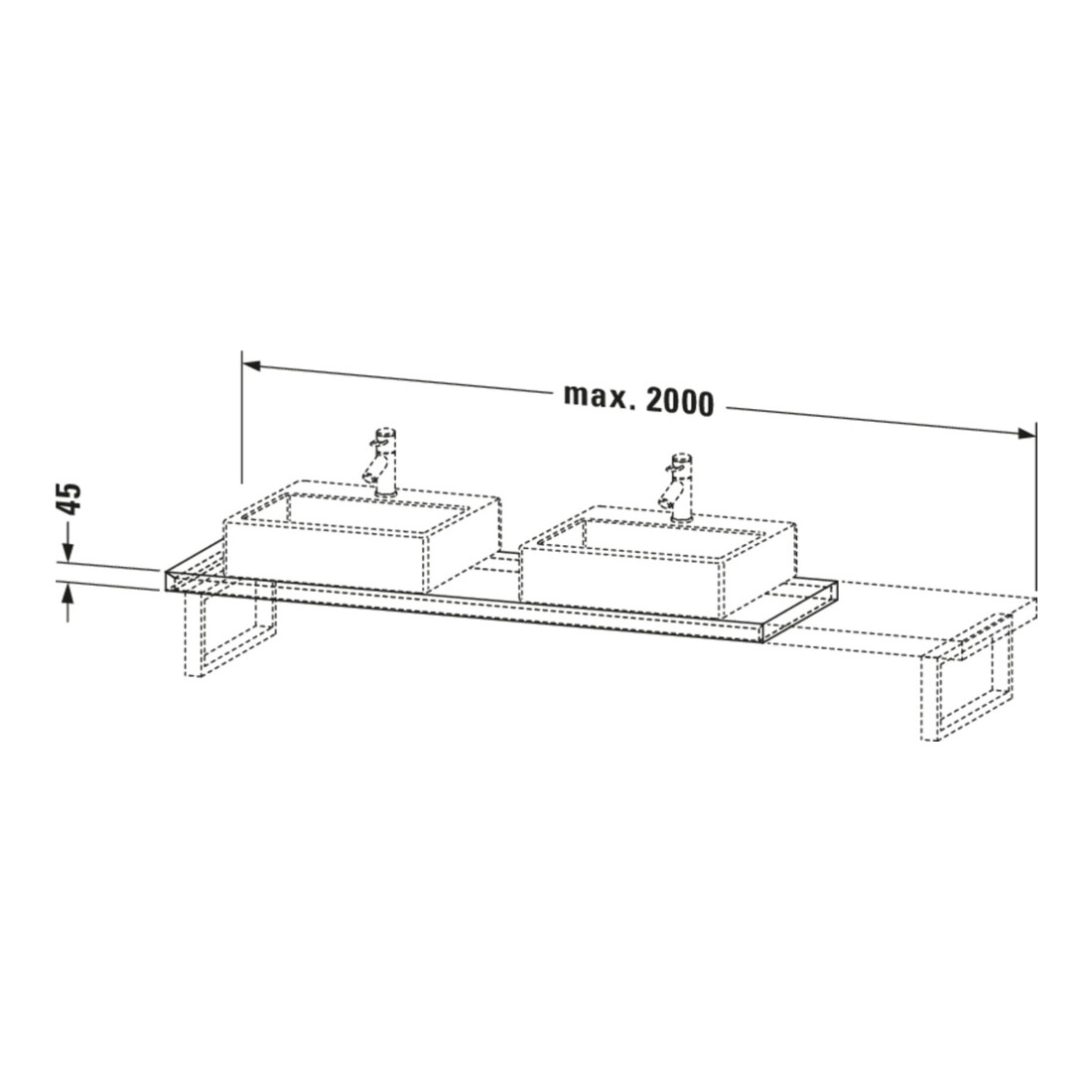 Duravit Console Compact L-Cube 80-200x48cm, 2 A., tôle 4,5cm, E d courb.