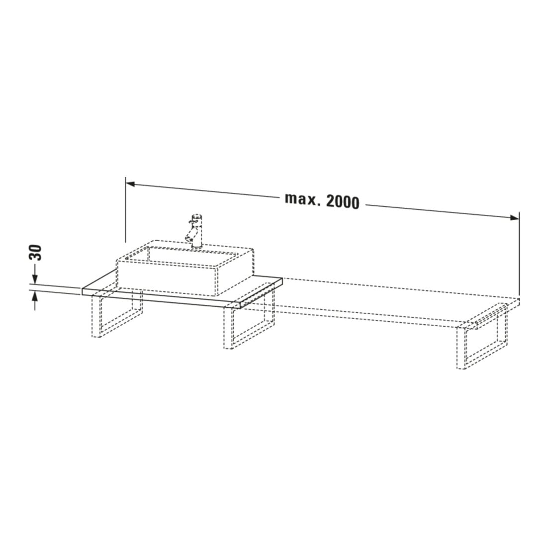 Duravit Console L-Cube 80-200x55cm, 1 AS, Ép. 3cm, base mate