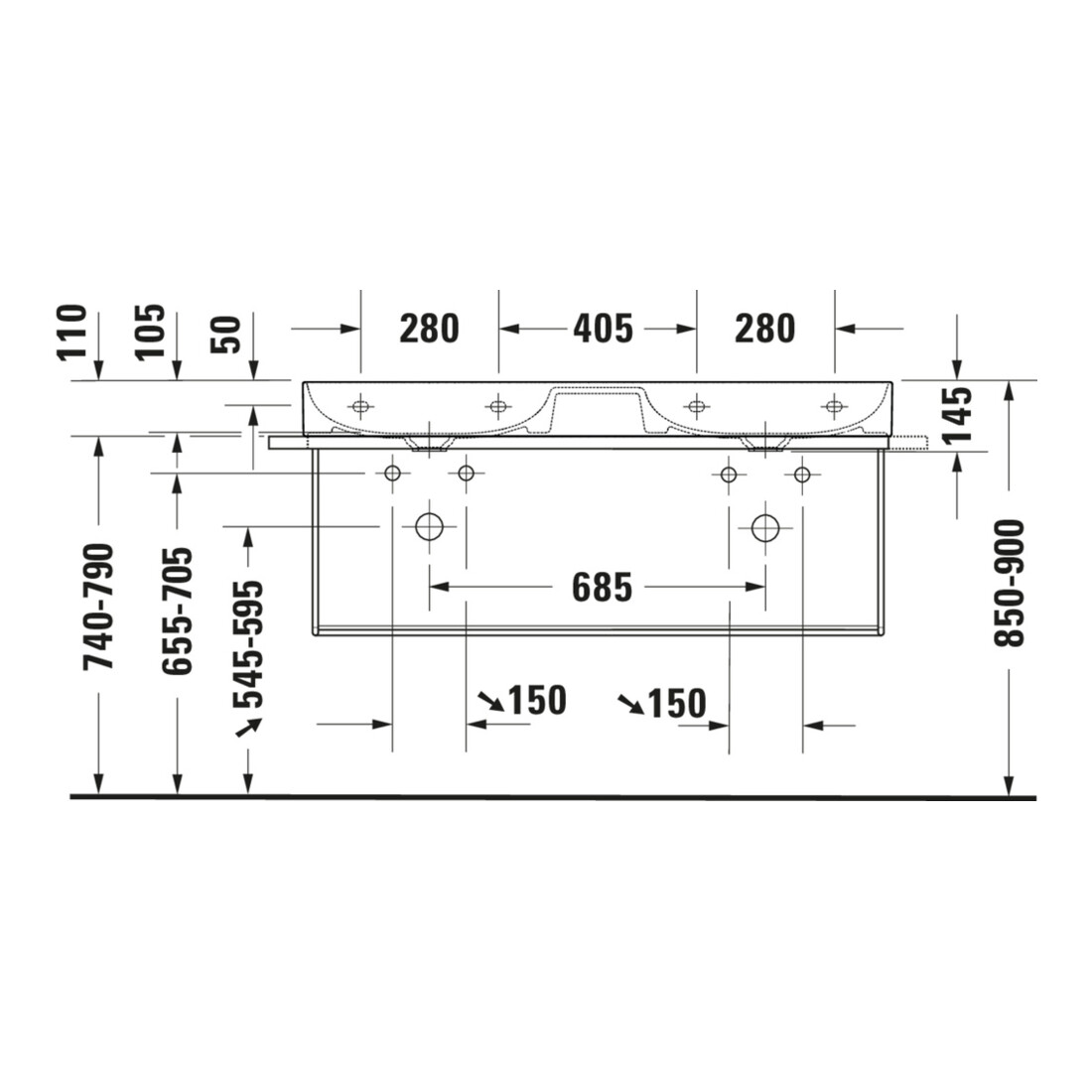 Duravit Console métallique DuraSquare 126,5x45 cm, murale, chrome