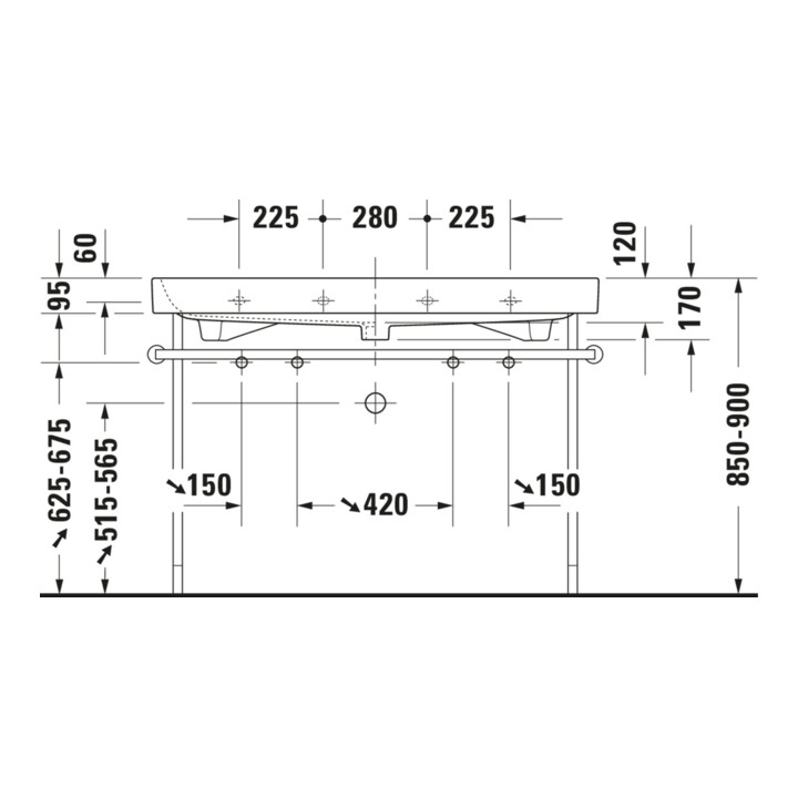Duravit Console métallique Happy D.2 117,3x49,1cm, f 231812, renforcée +5cm, chromée