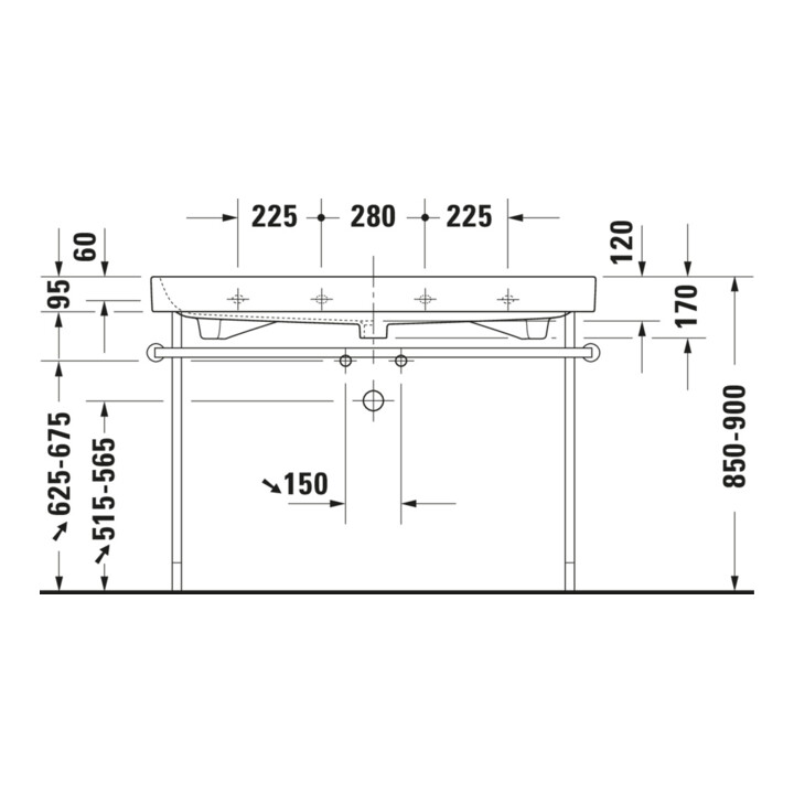 Duravit Console métallique Happy D.2 117,3x49,1cm, f 231812, renforcée +5cm, chromée