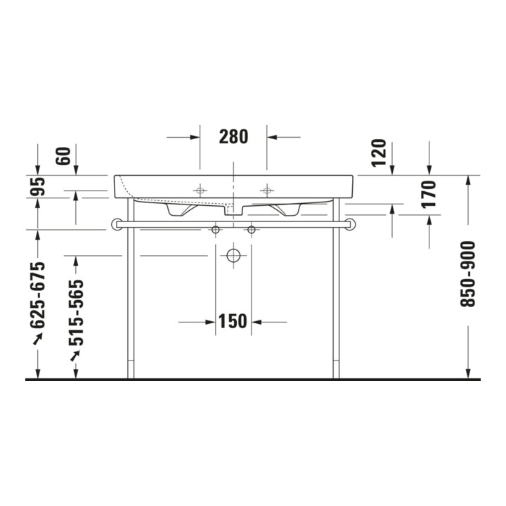 Duravit Consoles métal Happy D.2 97,3x49,1cm, f 231810, renforcée +5cm, chromée