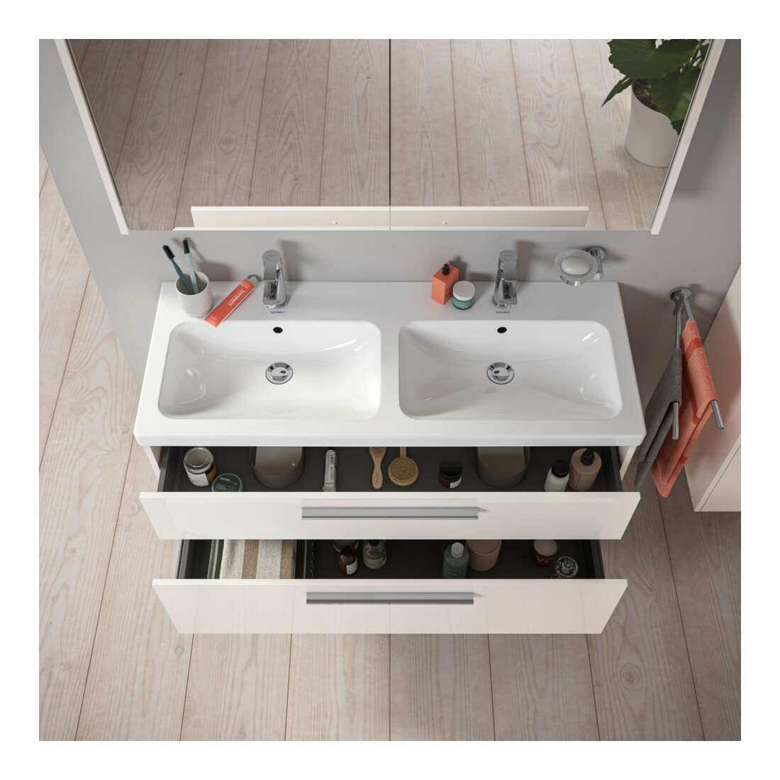 Duravit D-Code Meuble sous lavabo 118,4x55,5x46 cm, 2 tiroirs, blanc brillant, chrome