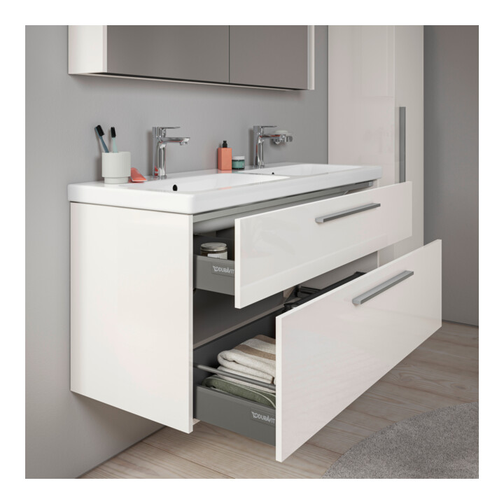 Duravit D-Code Meuble sous lavabo 118,4x55,5x46 cm, 2 tiroirs, blanc brillant, chrome