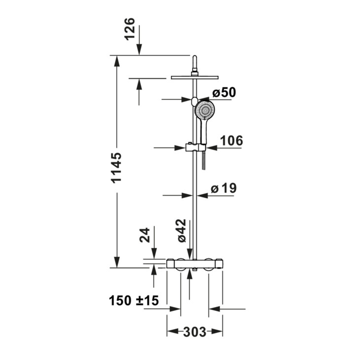 Duravit Duschsystem 1000 MinusFlow Ausl. 354mm, m Brausethermostat, schwarz matt