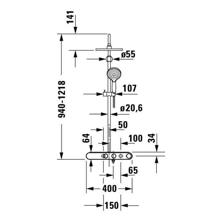 Duravit Duschsystem Shelf 1050 MinusFlow mit AP-Brausethermostat, weiß Hochglanz