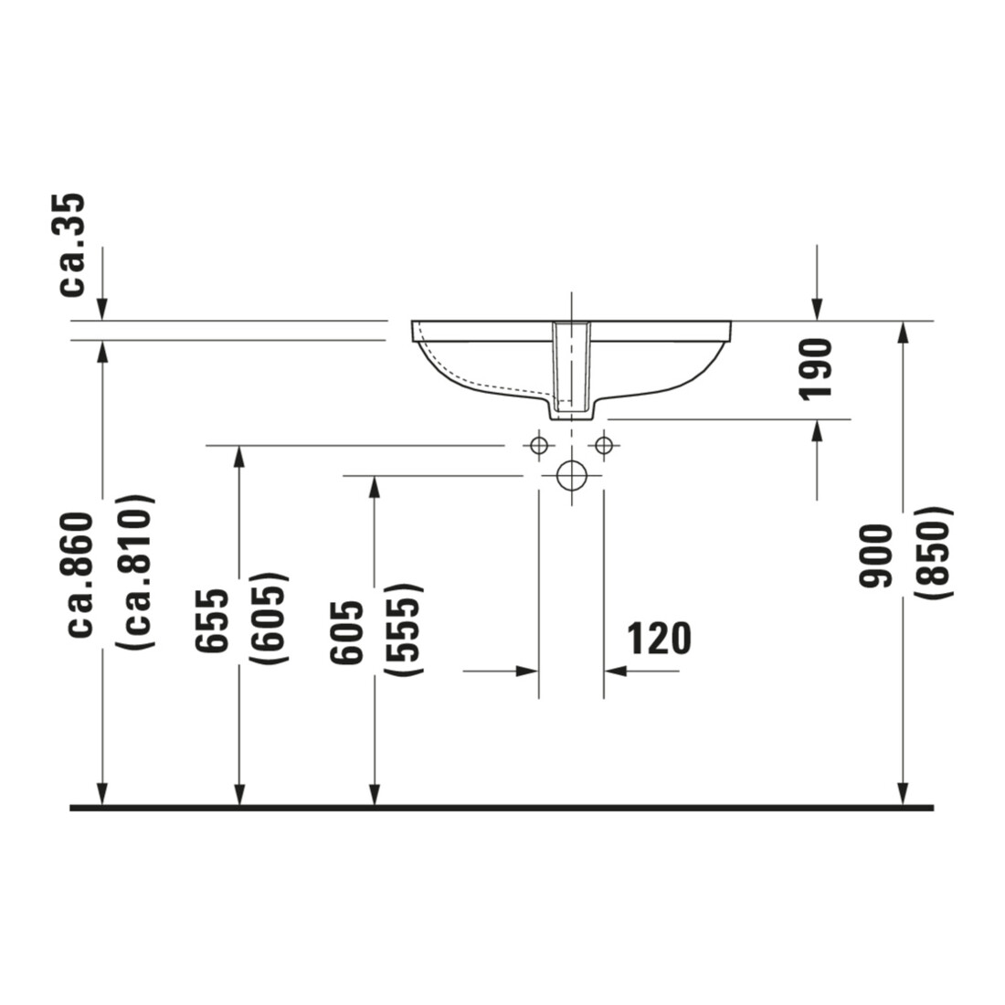 Duravit Einbauwaschtisch D-Code 55x40cm, EB v unt, o. HL, HLB, m ÜL, we