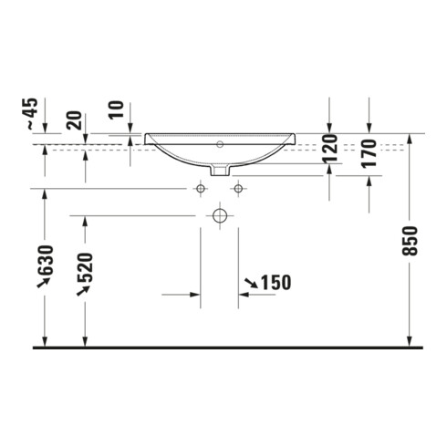 Duravit Einbauwaschtisch D-Neo 60x44cm, EB v ob, m HL, ÜL, HLB, weiß