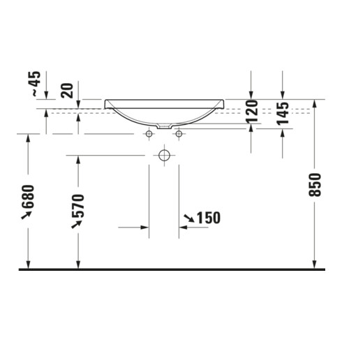 Duravit Einbauwaschtisch D-Neo 60x44cm, EB v ob, o. HL, HLB, ÜL, weiß