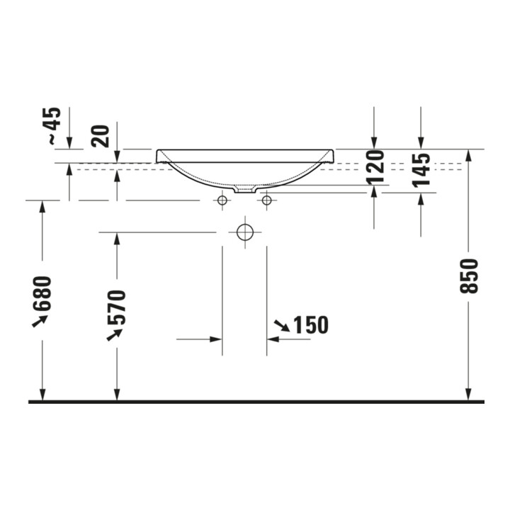 Duravit Einbauwaschtisch D-Neo 60x44cm, EB v ob, o. HL, HLB, ÜL, weiß