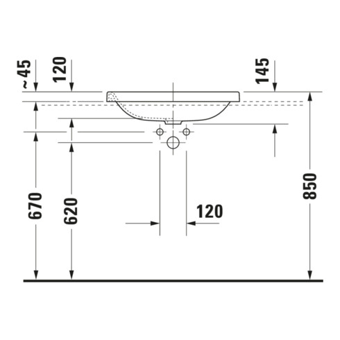 Duravit Einbauwaschtisch DuraStyle 60x43cm, Einb. v o, o HL, ÜL, HLB, weiß