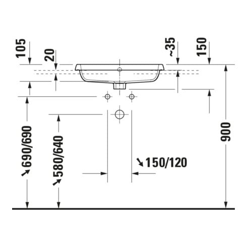 Duravit Einbauwaschtisch Qatego 55x45,5cm, EB v ob, m Hahnloch, we. hgl