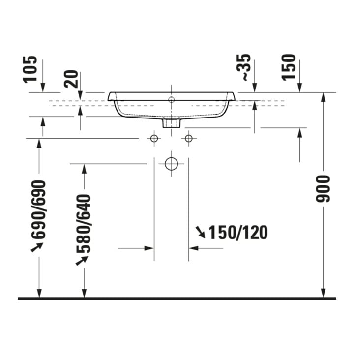 Duravit Einbauwaschtisch Qatego 55x45,5cm, EB v ob, m Hahnloch, we. hgl