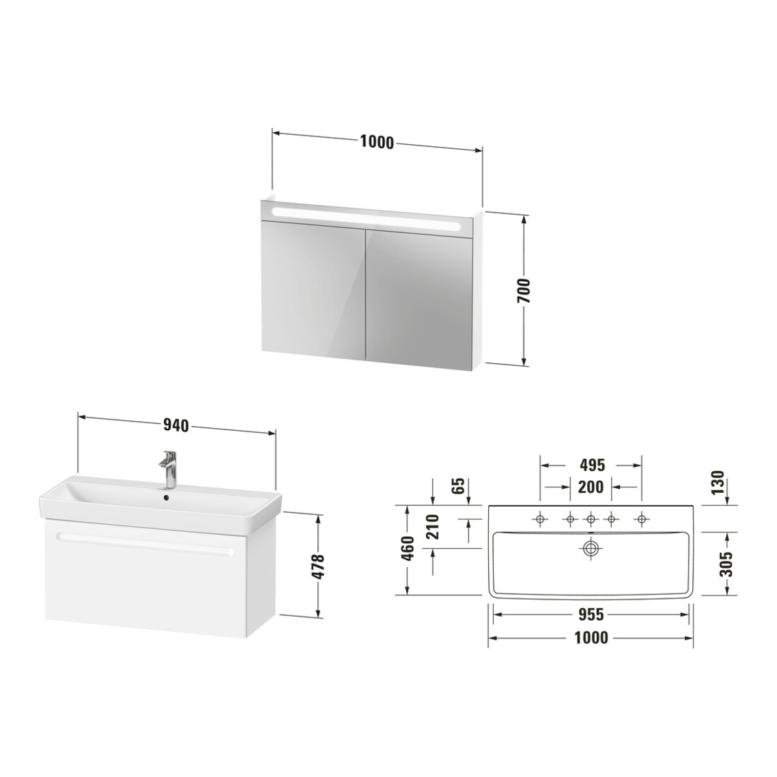 Duravit Ensemble de meubles n° 1 100x45cm, WT, WTU avec tiroir, Spg., blanc mat