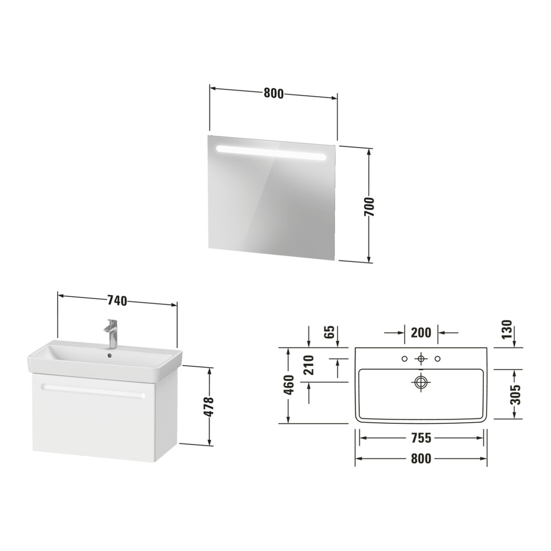 Duravit Ensemble de meubles n° 1 80 cm, blanc mat, 1 tiroir