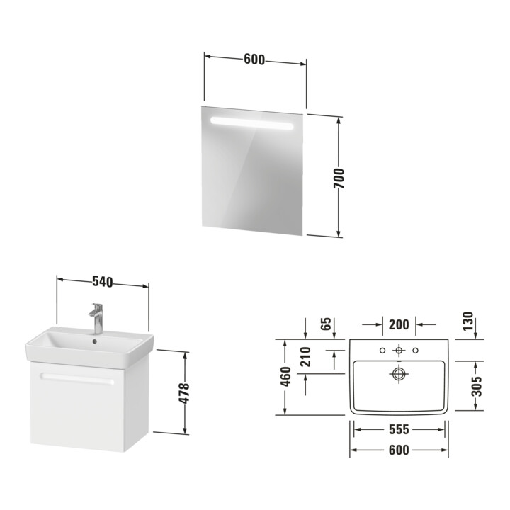Duravit Ensemble de meubles No. 1 60 cm, blanc mat, 1 tiroir coulissant, 1 tiroir intérieur