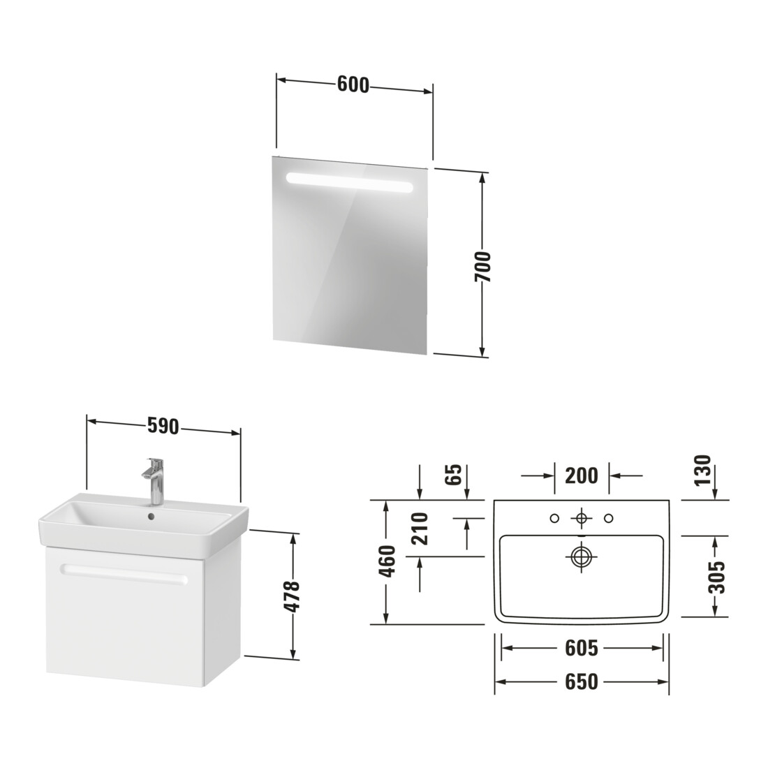 Duravit Ensemble de meubles No. 1 65 cm, blanc mat, 1 tiroir