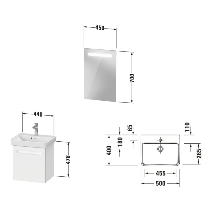 Duravit Ensemble meuble n° 1 50 cm, 1 porte, charnière à gauche, blanc mat
