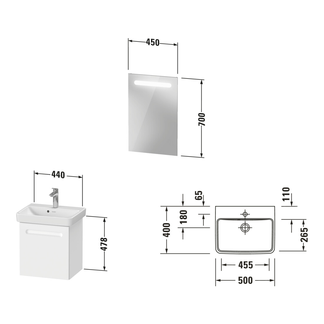 Duravit Ensemble meuble n° 1 50 cm, 1 porte, charnière à gauche, blanc mat