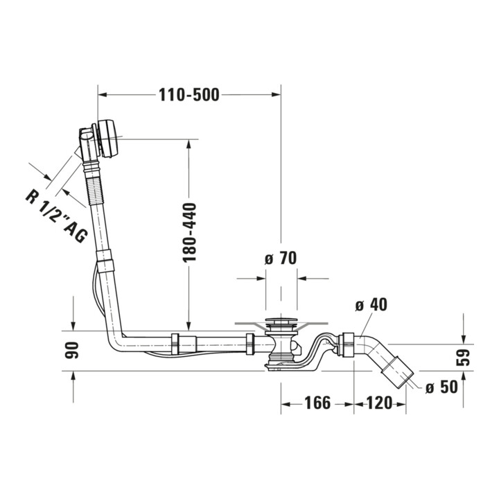 Duravit Garniture de vidage Quadroval avec tirette 85 cm, Ø 5,2 cm, pour baignoire, chromé