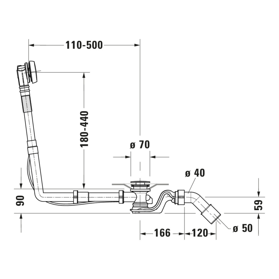 Duravit Garniture vidage/débordement Quadroval à tirette 65 cm, d 5,2 cm, avec tuyau flexible, chrome