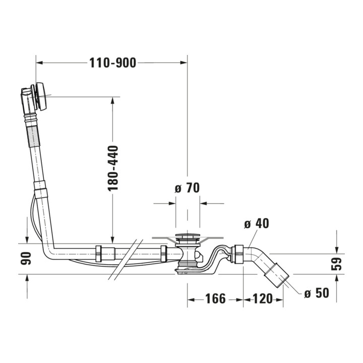 Duravit Garniture vidage/débordement Quadroval tirette 110, d 5,2 cm, avec flexible, chr