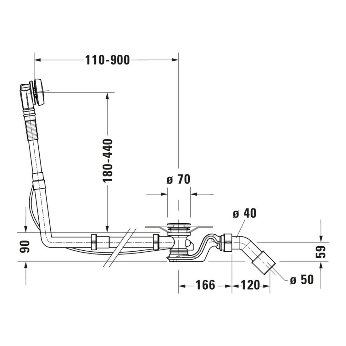 Duravit Garniture vidage/débordement Quadroval tirette 110, d 5,2 cm, avec flexible, chr