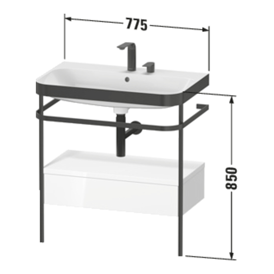 Duravit Happy D.2 Plus Meuble vasque 77,5x49 cm, 2 robinets, blanc, avec console, 1 tiroir