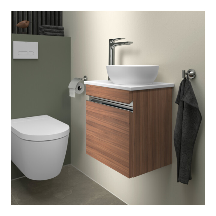 Duravit Konsolen-Waschtischunterschrank wandhängend Sivida 40x44x32,5cm, Tür, G chr, re, Nussb Nat