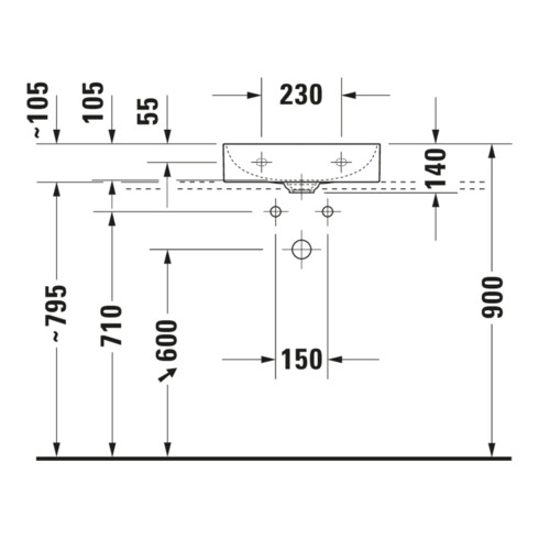 Duravit Lavabo à main sablé DuraSquare 45x35 cm, sans trop-plein, avec trop-plein, sans trou de robinet, blanc