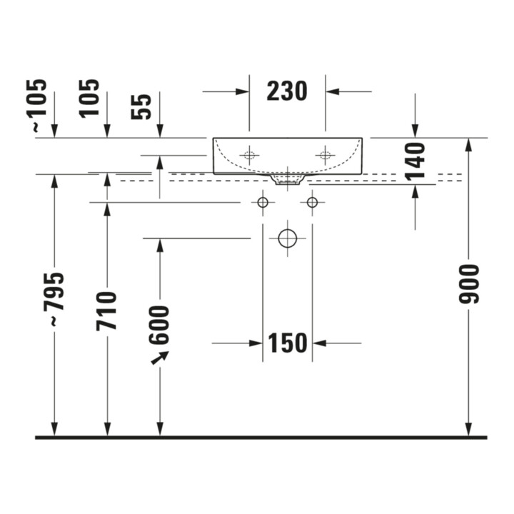 Duravit Lavabo à main sablé DuraSquare 45x35 cm, sans trop-plein, avec trop-plein, sans trou de robinet, blanc