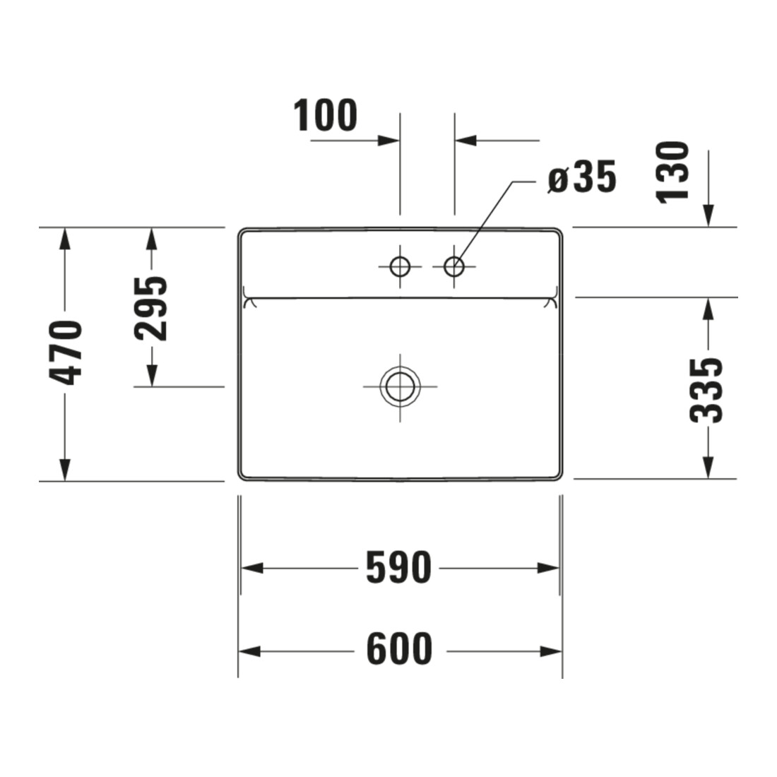 Duravit Lavabo à poser DuraSquare 60x47 cm, sans trop-plein, avec trop-plein, 1 trou de robinet, blanc