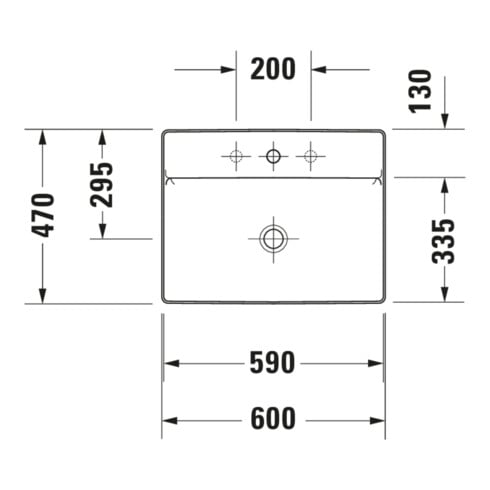 Duravit Lavabo à poser DuraSquare 60x47 cm, sans trop-plein, avec trop-plein, 1 trou de robinet, blanc
