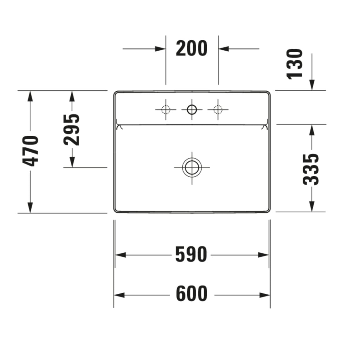 Duravit Lavabo à poser DuraSquare 60x47 cm, sans trop-plein, avec trop-plein, 1 trou de robinet, blanc