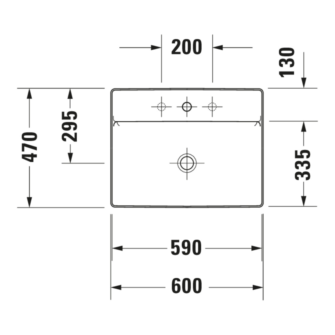 Duravit Lavabo à poser DuraSquare 60x47 cm, sans trop-plein, avec trop-plein, sans trou de robinet, blanc