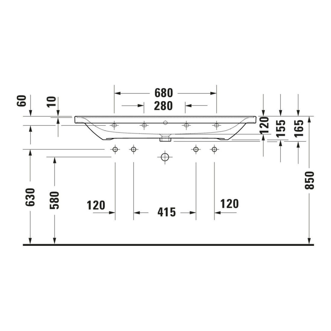 Duravit Lavabo D-Neo 120,5x48 cm, avec trop-plein, trou robinet, blanc brillant, 2 trous robinet