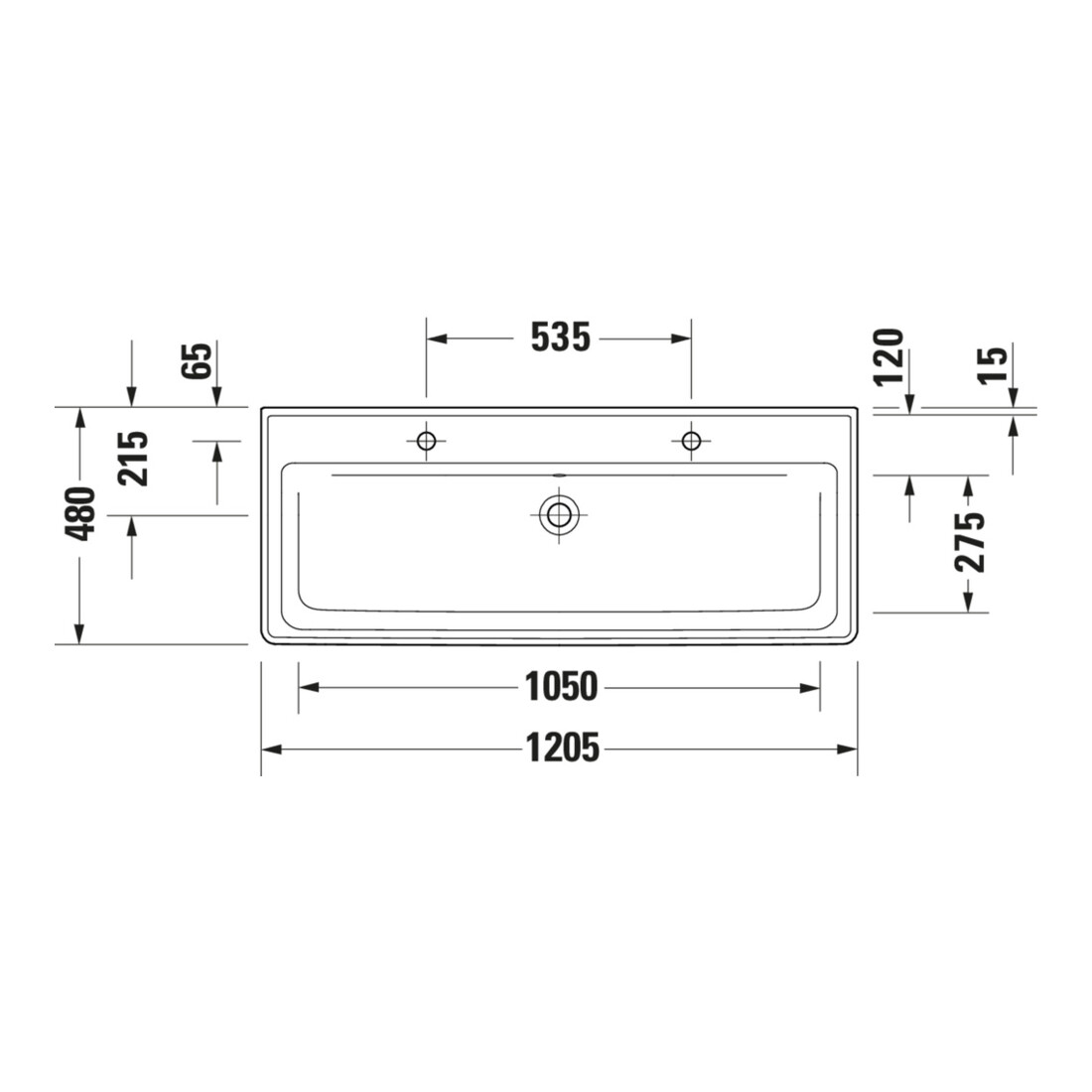 Duravit Lavabo D-Neo 120,5x48 cm, avec trop-plein, trou robinet, blanc brillant, 2 trous robinet