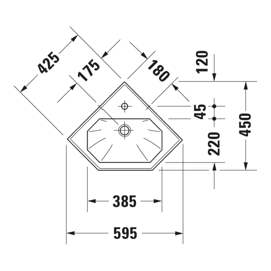 Duravit Lavabo d'angle 1930 59,5x45 cm, avec trop-plein, trou robinet, blanc