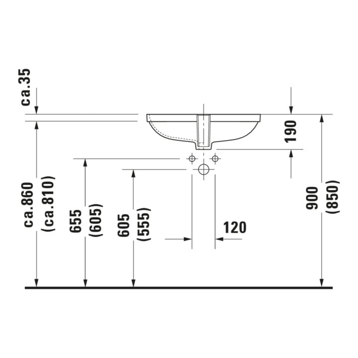 Duravit Lavabo encastré D-Code 55x40 cm, EB bas, sans trou robinet, HLB, avec trop-plein, blanc