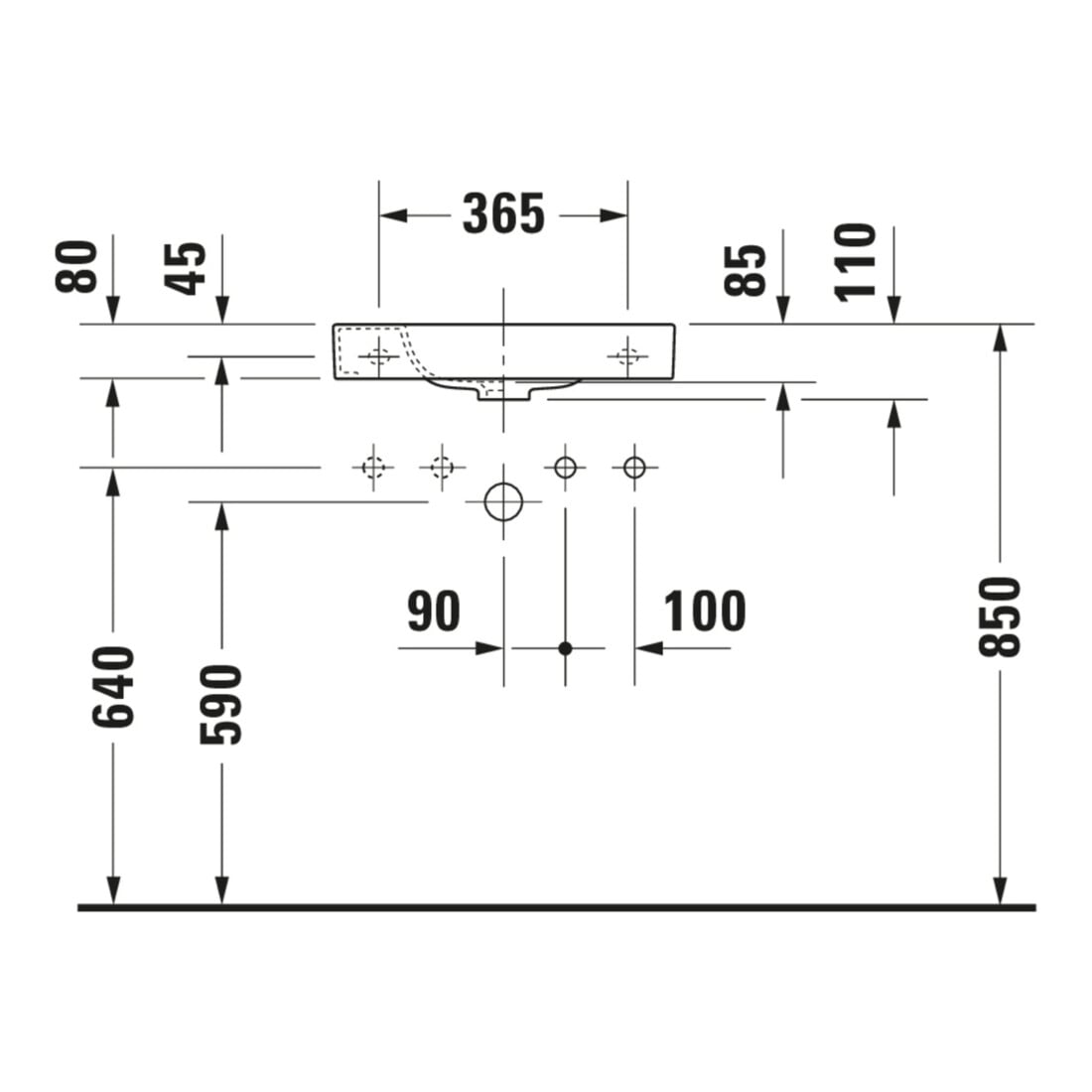 Duravit Lavabo Happy D.2 50x22 cm, sans trop-plein, avec trop-plein, trop-plein à gauche, blanc