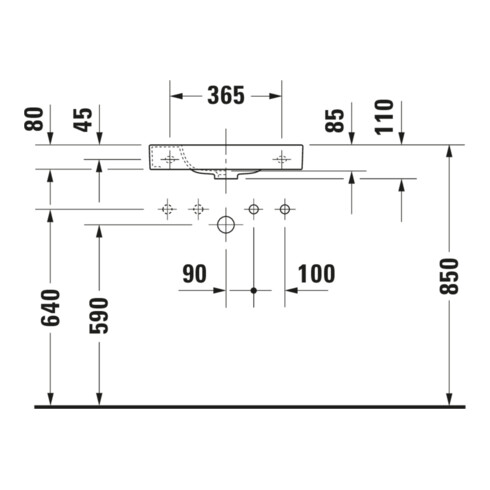 Duravit Lavabo Happy D.2 50x22 cm, sans trop-plein, avec vidage, vidage à droite, blanc
