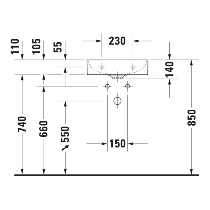 Duravit Lavabo mural DuraSquare 45x35 cm, sans trop-plein, avec trop-plein latéral, sans trou de robinet, blanc