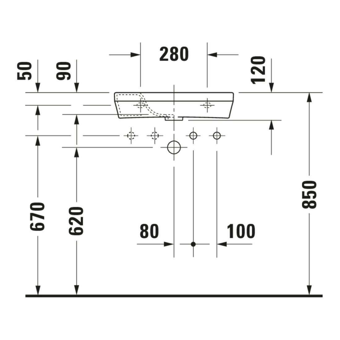 Duravit Lavabo mural DuraStyle 50x22 cm, sans trop-plein, avec trop-plein, trop-plein à droite, blanc