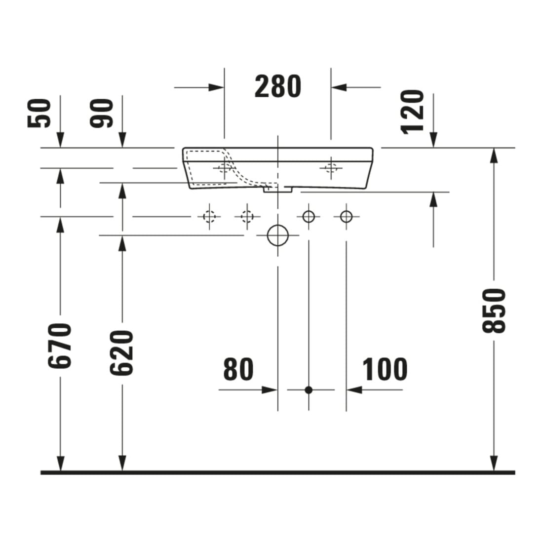 Duravit Lavabo mural DuraStyle 50x22 cm, sans trop-plein, avec trop-plein, trop-plein à gauche, blanc