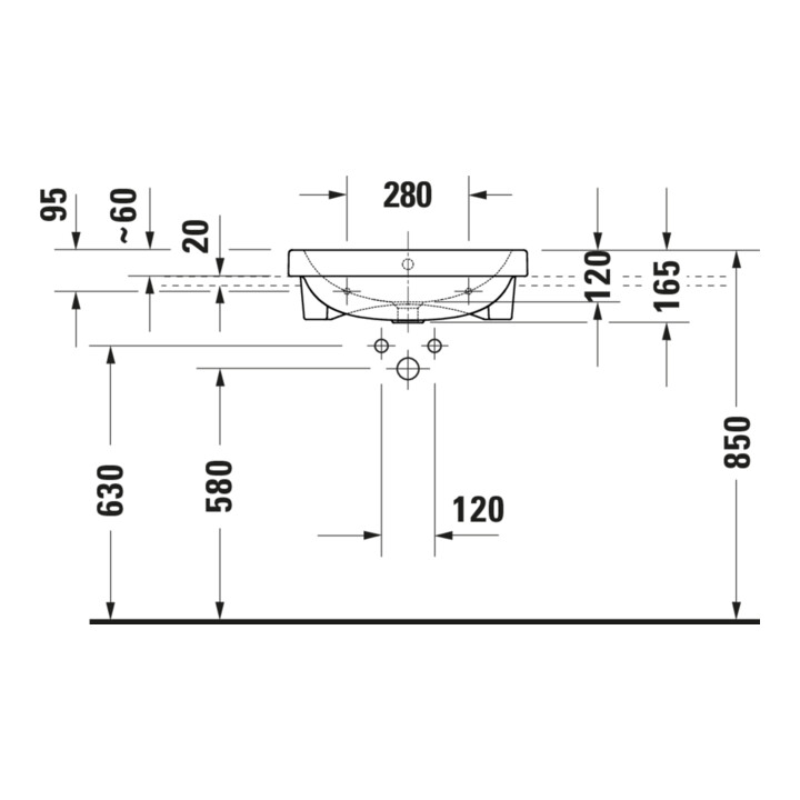 Duravit Lavabo semi-encastré D-Code 55x45,5 cm, EB sup, c/ robinet, c/ trop-plein, blanc