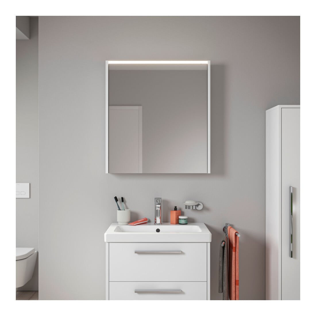 Duravit LED-Spiegel D-Code 2.0 m Steckd. 65x70x5cm, Lichtf ob, rechts, weiß matt