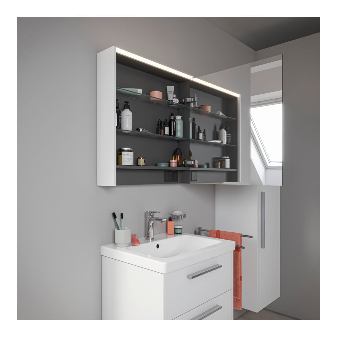 Duravit LED-Spiegel D-Code 2.0 m Steckd. 65x70x5cm, Lichtf oben, links, weiß matt